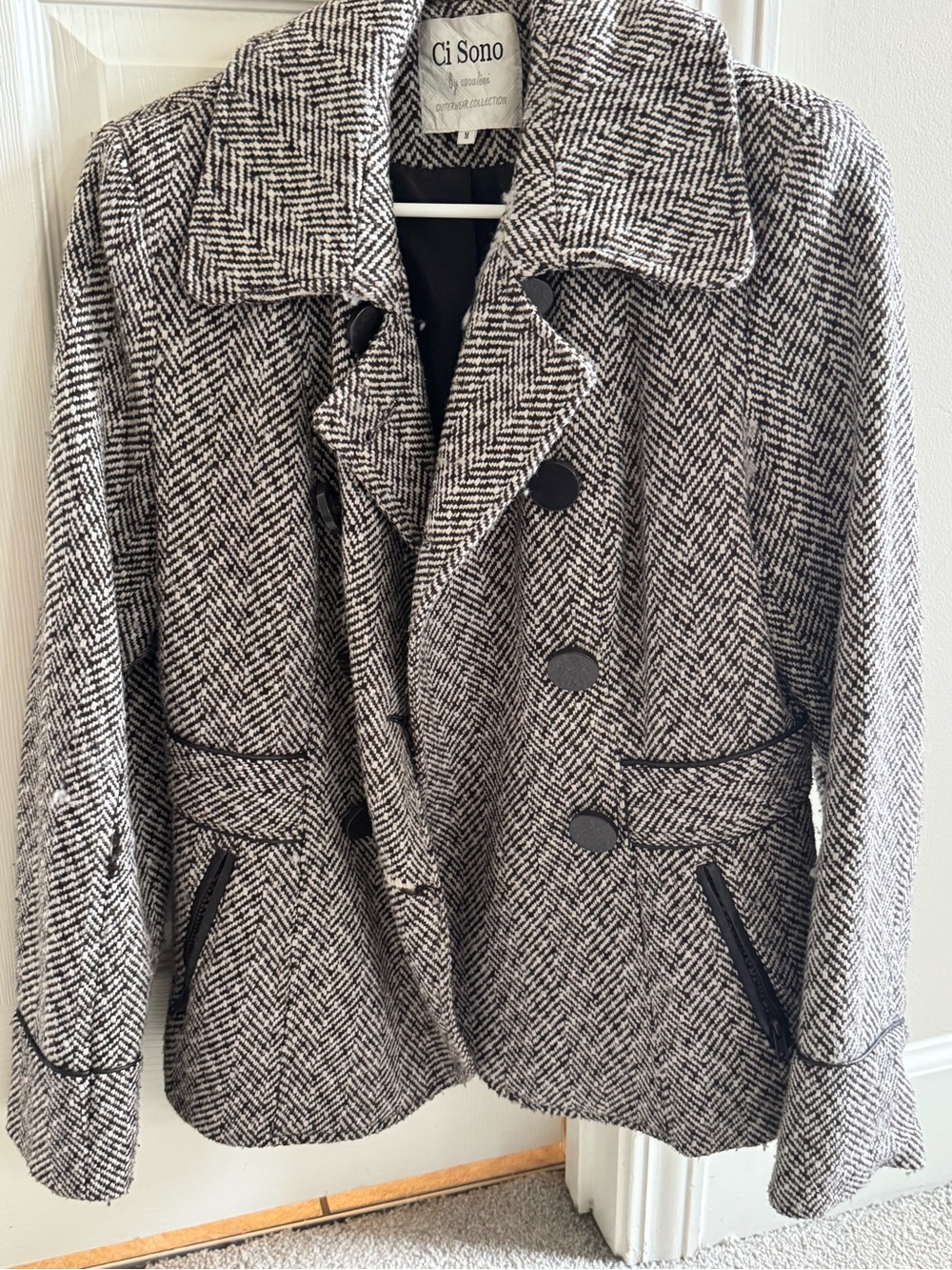 Ci Sono Black and White Herringbone Peacoat with Notch Collar